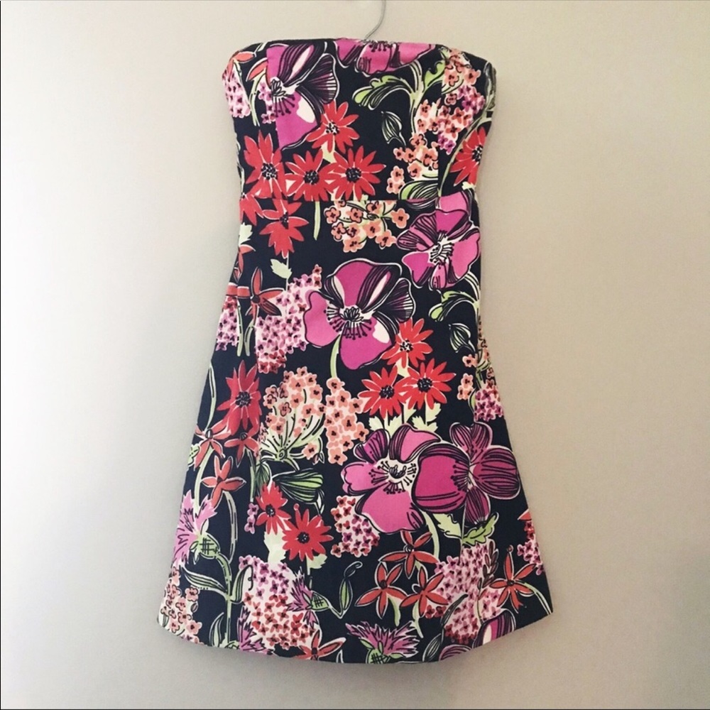 Lily pulitzer black flower strapless dress